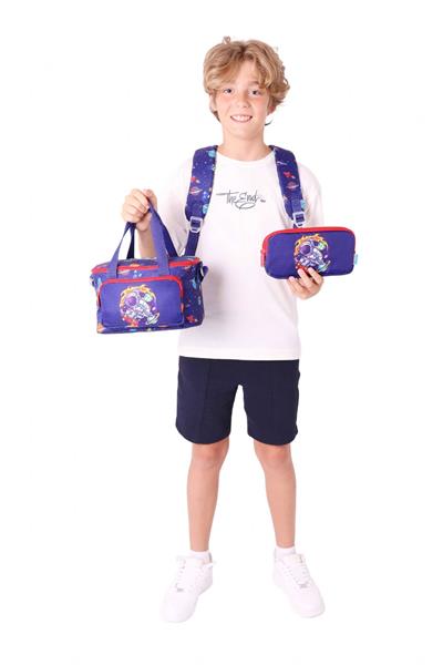 Kaukko Kids Erkek Çocuk İçin Lacivert Kırmızı Renkli Astronot BaskılıÜçlü Okul Çanta Kombinasyonu