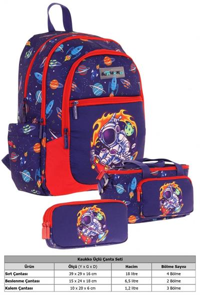 Kaukko Kids Erkek Çocuk İçin Lacivert Kırmızı Renkli Astronot BaskılıÜçlü Okul Çanta Kombinasyonu