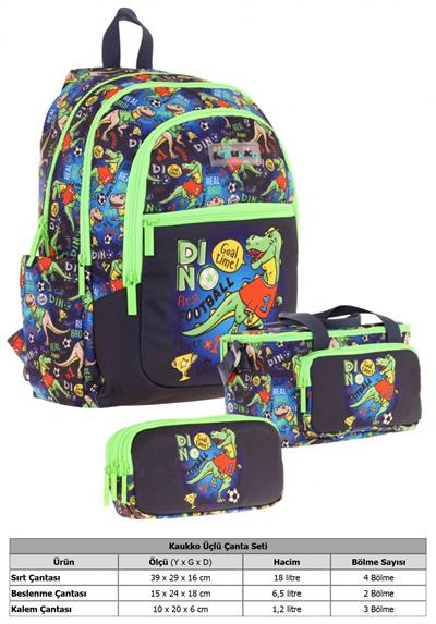 Kaukko Kids Erkek Çocuk İçin Siyah Yeşil Renkli Dinazor DesenliÜçlü Okul Çanta Kombinasyonu
