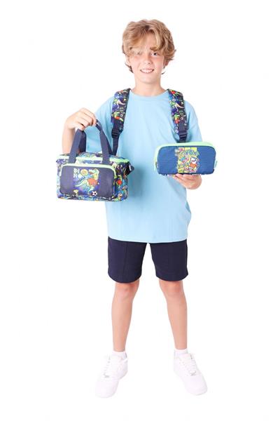 Kaukko Kids Erkek Çocuk İçin Siyah Yeşil Renkli Dinazor DesenliÜçlü Okul Çanta Kombinasyonu