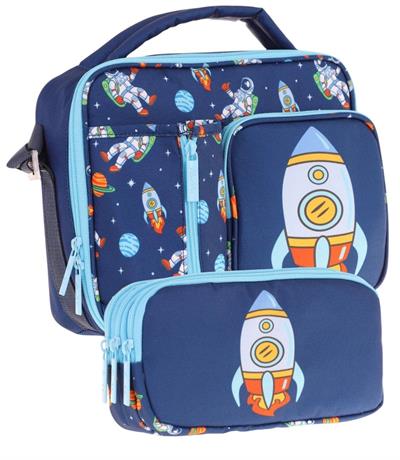 Kaukko Kids Erkek Çocuk Lacivert Roket Üç Bölmeli Thermo Beslenme Çantası ve Kalemlik Seti (L7260+L8260)