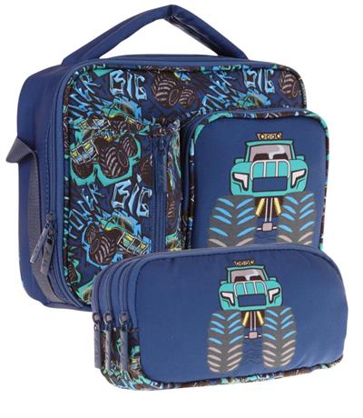 Kaukko Kids Erkek Çocuk Lacivert Turkuaz Kamyon Üç Bölmeli Thermo Beslenme Çantası ve Kalemlik Seti (L7261+L8261)