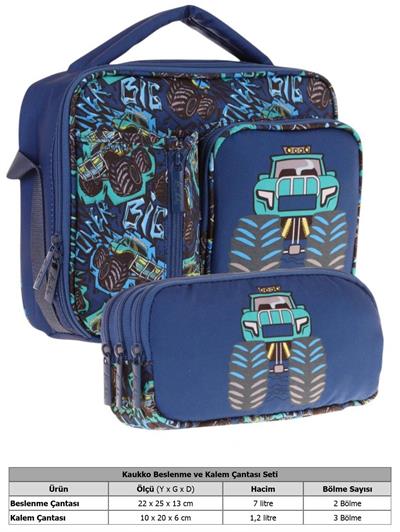 Kaukko Kids Erkek Çocuk Lacivert Turkuaz Kamyon Üç Bölmeli Thermo Beslenme Çantası ve Kalemlik Seti (L7261+L8261)