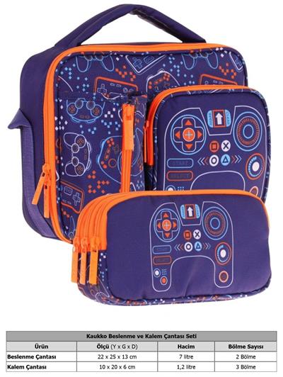 Kaukko Kids Erkek Çocuk Lacivert Turuncu Oyun Temalı Üç Bölmeli Thermo Beslenme Çantası ve Kalemlik Seti (L7281+L8281)