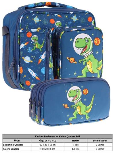 Kaukko Kids Erkek Çocuk Lacivert Yeşil Dinazor Baskılı Üç Bölmeli Thermo Beslenme Çantası ve Kalemlik Seti (L7252+L8252)