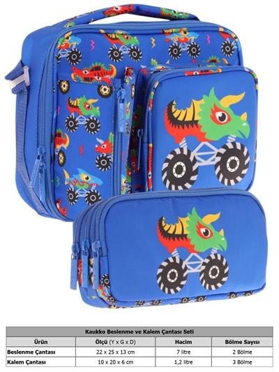 Kaukko Kids Erkek Çocuk Mavi Yeşil Canavar Üç Bölmeli Thermo Beslenme Çantası ve Kalemlik Seti (L7255+L8255)