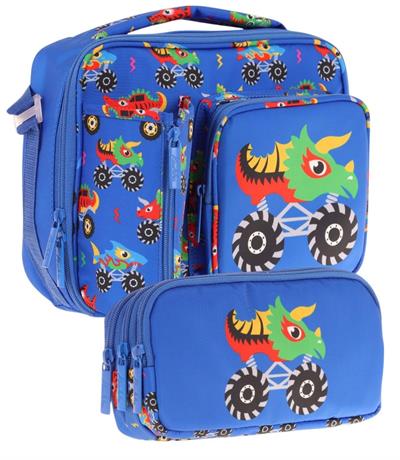 Kaukko Kids Erkek Çocuk Mavi Yeşil Canavar Üç Bölmeli Thermo Beslenme Çantası ve Kalemlik Seti (L7255+L8255)