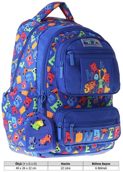 Kaukko Kids Erkek Çocuk Moster Baskılı (Monster) Altı Bölmeli İlkokul Sırt Çantası - L5404