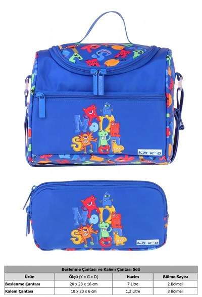Kaukko Kids Erkek Çocuk Moster Baskılı Mavi Thermo Beslenme Çantası ve Kalemlik Seti - SETKK-L5405