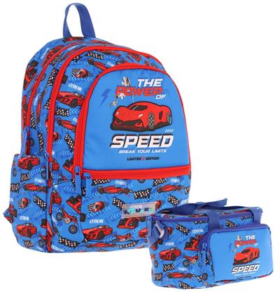 Kaukko Kids Erkek Çocuk Okul Çantası ve Isı Yalıtımlı Beslenme Çantası Seti (L5268+L7268) Yarış Arabası Desenli - Mavi Kırmızı