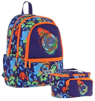 Kaukko Kids Erkek Çocuk Okul Çantası ve Isı Yalıtımlı Beslenme Çantası Seti (L5269+L7269) Futbol Topu Baskılı - Lacivert Turuncu
