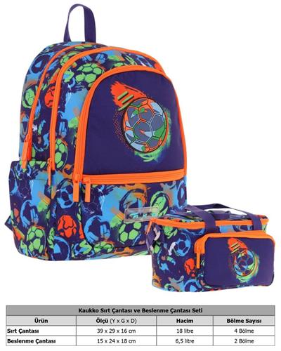 Kaukko Kids Erkek Çocuk Okul Çantası ve Isı Yalıtımlı Beslenme Çantası Seti (L5269+L7269) Futbol Topu Baskılı - Lacivert Turuncu