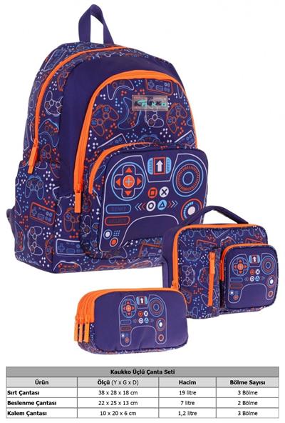 Kaukko Kids Erkek Çocuk Oyun Desenli Üçlü Okul Çanta Seti(Okul Çantası+Beslenme Çantası+Kalemlik)