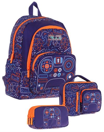 Kaukko Kids Erkek Çocuk Oyun Desenli Üçlü Okul Çanta Seti(Okul Çantası+Beslenme Çantası+Kalemlik)