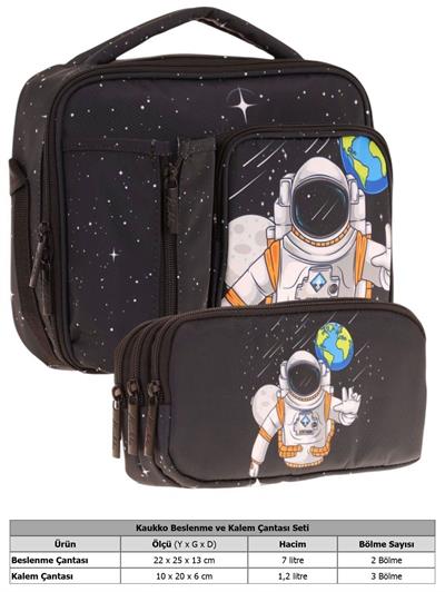 Kaukko Kids Erkek Çocuk Siyah Beyaz Astronor Üç Bölmeli Thermo Beslenme Çantası ve Kalemlik Seti (L7253+L8253)