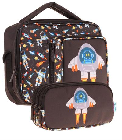 Kaukko Kids Erkek Çocuk Siyah Roket Baskılı Üç Bölmeli Thermo Beslenme Çantası ve Kalemlik Seti (L7264+L8264)