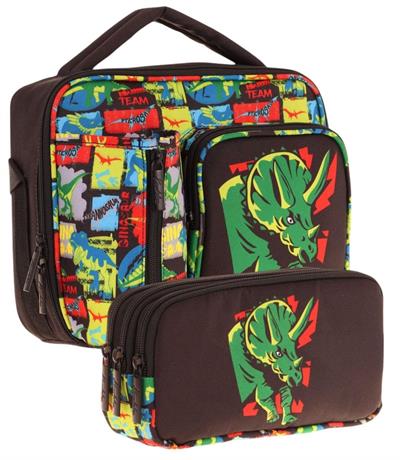 Kaukko Kids Erkek Çocuk Siyah Yeşil Gergedan Üç Bölmeli Thermo Beslenme Çantası ve Kalemlik Seti (L7263+L8263)