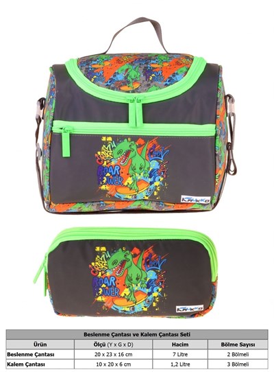Kaukko Kids Erkek Çocuk Street Dinazor Baskılı Siyah - Yeşil Thermo Beslenme Çantası ve Kalemlik Seti - SETKK-L5415