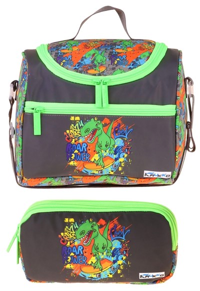 Kaukko Kids Erkek Çocuk Street Dinazor Baskılı Siyah - Yeşil Thermo Beslenme Çantası ve Kalemlik Seti - SETKK-L5415