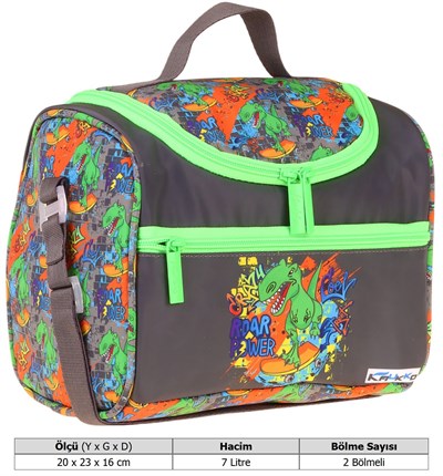 Kaukko Kids Erkek Çocuk Street Dinazor Baskılı Isı Yalıtımlı Okul Beslenme Çantası (Siyah - Yeşil) - L5415