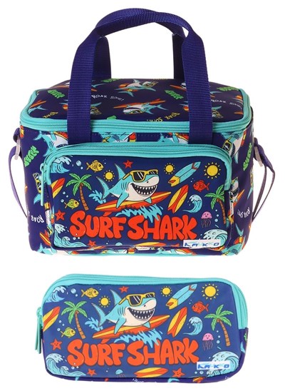 Kaukko Kids Erkek Çocuk Süper Köpekbalığı Baskılı Yeşil - Lacivert Thermo Beslenme Çantası ve Kalemlik Seti - SETKK-L5355