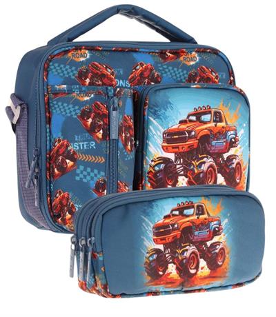 Kaukko Kids Erkek Çocuk Yeşil Kırmızı Arazi Aracı Üç Bölmeli Thermo Beslenme Çantası ve Kalemlik Seti (L7282+L8282)