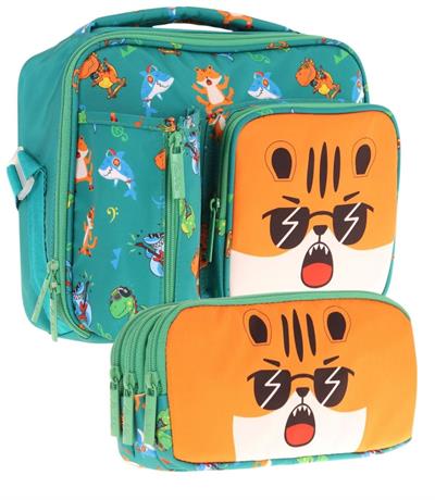 Kaukko Kids Erkek Çocuk Yeşil Turuncu Aslan Üç Bölmeli Thermo Beslenme Çantası ve Kalemlik Seti (L7254+L8254)