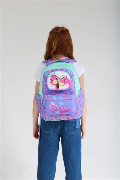 Kaukko Kids Flamingo Baskılı Dört Bölmeli Yeşil Mor Kız Çocuk Okul Sırt Çantası - KK-L5156
