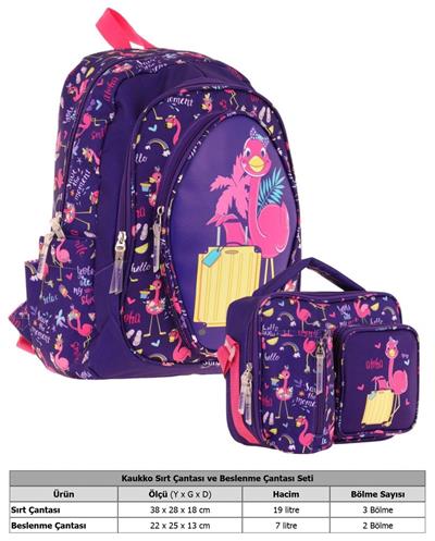 Kaukko Kids Flamingo Detaylı Okul Çantası (L5223) ve Thermo Beslenme Çantası (L7223) Seti - Kız Çocuk