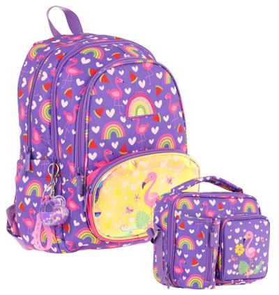 Kaukko Kids Flamingo Nakışlı ve Baskılı Okul Çantası (L5226) ve Thermo Beslenme Çantası (L7226) Seti - Kız Çocuk