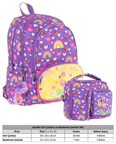 Kaukko Kids Flamingo Nakışlı ve Baskılı Okul Çantası (L5226) ve Thermo Beslenme Çantası (L7226) Seti - Kız Çocuk