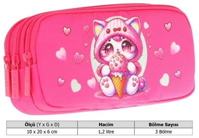 Kaukko Kids Fuşya, Dondurma Yiyen Kedi, Kız Çocuk Üç Gözlü Okul Kalem Çantası - L8250