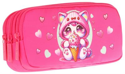 Kaukko Kids Fuşya, Dondurma Yiyen Kedi, Kız Çocuk Üç Gözlü Okul Kalem Çantası - L8250