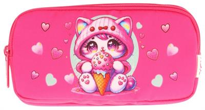 Kaukko Kids Fuşya, Dondurma Yiyen Kedi, Kız Çocuk Üç Gözlü Okul Kalem Çantası - L8250