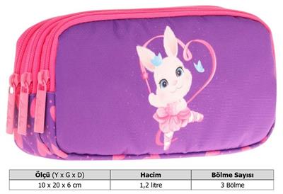 Kaukko Kids Fuşya Mor, Kalpli Tavşan, Kız Çocuk Üç Gözlü Okul Kalem Çantası - L8246