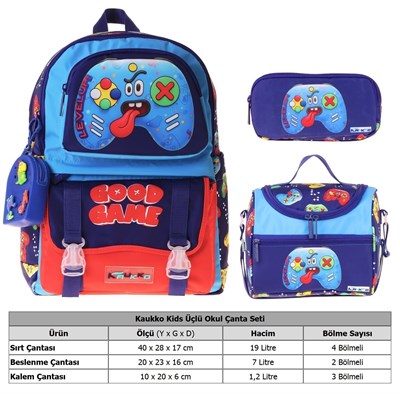 Kaukko Kids Good Game(Lacivert - Kırmızı Renk) Erkek Çocuk Üçlü İlkokul Okul Çantası Seti/Takımı - SETKK-L5389A
