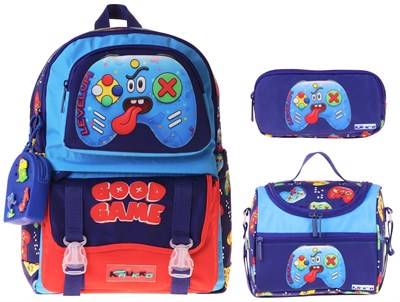 Kaukko Kids Good Game(Lacivert - Kırmızı Renk) Erkek Çocuk Üçlü İlkokul Okul Çantası Seti/Takımı - SETKK-L5389A