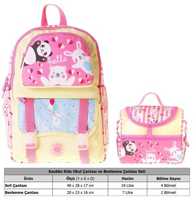 Kaukko Kids Hello Kız Çocuk Sarı - Pembe İlkokul Sırt Çantası ve Beslenme Çanta Seti - SETKK-L5308B