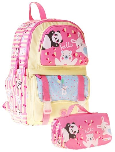 Kaukko Kids Hello Sarı - Pembe Kız Çocuk İlkokul Sırt Çantası ve Kalem Çantası Seti - SETKK-L5308C