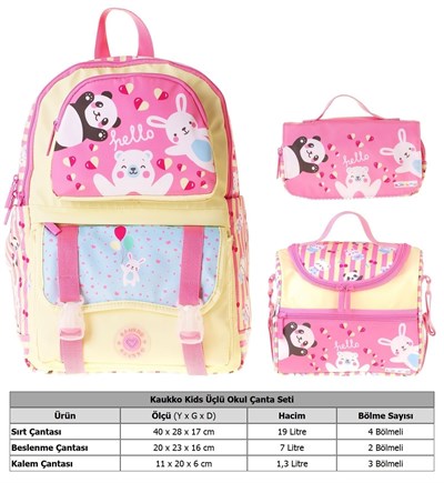 Kaukko Kids Hello(Sarı - Pembe Renk) Kız Çocuk Üçlü İlkokul Okul Çantası Seti/Takımı - SETKK-L5308A
