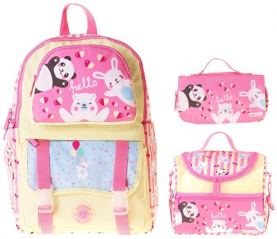 Kaukko Kids Hello(Sarı - Pembe Renk) Kız Çocuk Üçlü İlkokul Okul Çantası Seti/Takımı - SETKK-L5308A