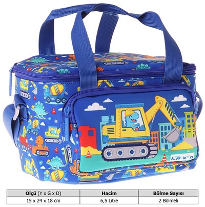 Kaukko Kids İki Bölmeli Thermo Okul Beslenme Çantası - Dinazor ve İş Makinesi Baskılı (Erkek Çocuk) - L5370