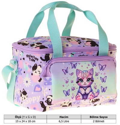 Kaukko Kids İki Bölmeli Thermo Okul Beslenme Çantası - Mor Kedi Desenli Yeşil - Mor Renk (Kız Çocuk) - L5289