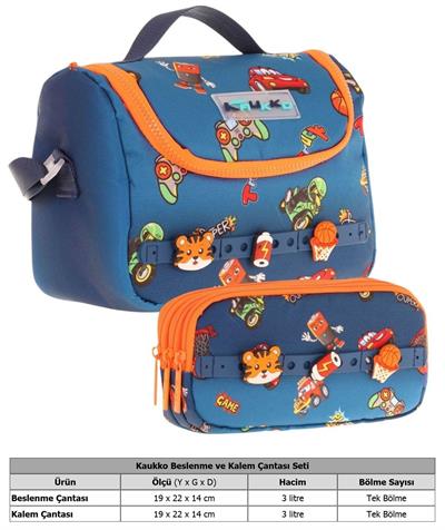 Kaukko Kids Isı Yalıtımlı Beslenme Çantası ve Üç Gözlü Kalemlik Seti - Erkek Çocuk, Lacivert Turuncu (Silikon Aksesuarlı)
