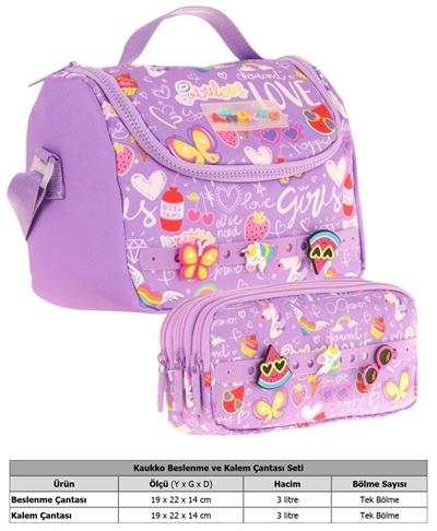 Kaukko Kids Isı Yalıtımlı Beslenme Çantası ve Üç Gözlü Kalemlik Seti - Kız Çocuk, Mor (Silikon Aksesuarlı)