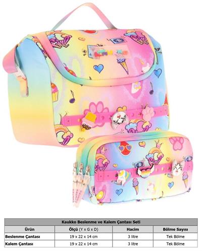 Kaukko Kids Isı Yalıtımlı Beslenme Çantası ve Üç Gözlü Kalemlik Seti - Kız Çocuk, Mavi Sarı (Silikon Aksesuarlı)