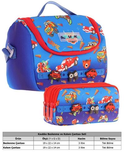 Kaukko Kids Isı Yalıtımlı Beslenme Çantası ve Üç Gözlü Kalemlik Seti - Erkek Çocuk, Mavi Kırmızı (Silikon Aksesuarlı)