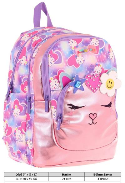 Kaukko Kids Kedi Şekilli Kız Çocuk Dört Gözlü Okul Çantası - L5219