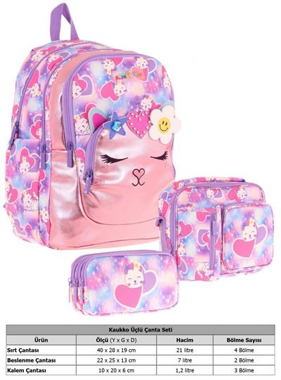 Kaukko Kids Kedi Şekilli (Pembe Mor) Kız Çocuk Üçlü İlkokul Okul Çantası Seti