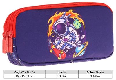 Kaukko Kids Kırmızı Lacivert, Astronot, Erkek Çocuk Üç Bölmeli Okul Kalem Çantası - L8267